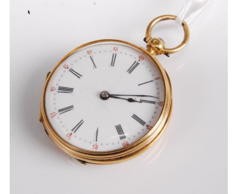 A continental yellow metal cased open faced pocket watch, having white enamel dial with Roman numerals and outer Arabic numer