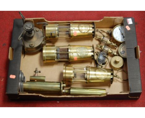 Three brass miner's lamps, to include M&amp;G of Eccles example, and various brass gauges etc