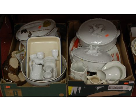 Two boxes of assorted kitchen china ware to include Royal Worcester Gourmet oven china casserole dishes