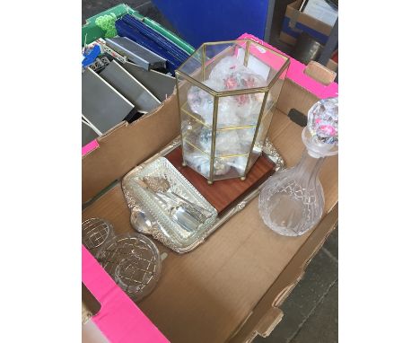 A box containing cut glass decanter, glassware, display cabinet with ceramic plants, and EPNS cheese platter and cutlery 