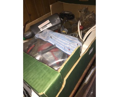 A box of misc tools and cables to include oiler, planes, blowtorch, etc. 