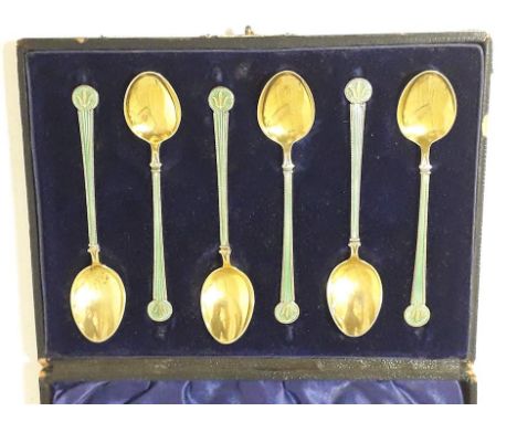 A set of six Scandinavian silver gilt and enamel teaspoons with matched box, length 9.5cm. 