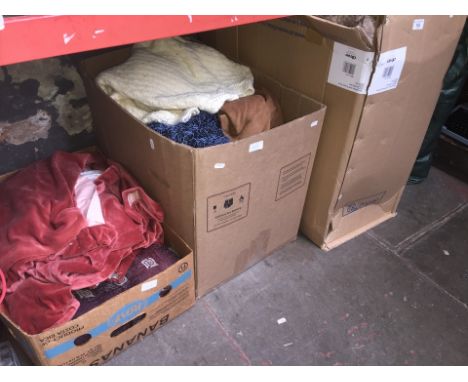 3 boxes containing curtains, knitwear, clothes and towels etc 
