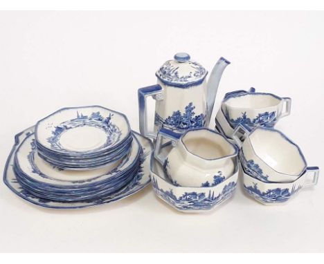 A Royal Doulton Norfolk pattern coffee set comprising a coffee pot, sugar bowl, cream jug, 6 saucers, 6 small plates, 5 cups 