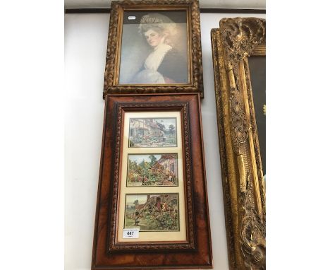 A parcel lot comprising an early 20th century print, a bundle of maps and a group of three framed Shakespeare postcards. 