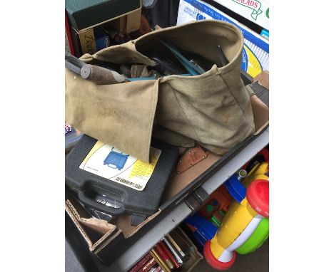 A box and a bag of tools, staplers, hachsaws mini grinder set etc 