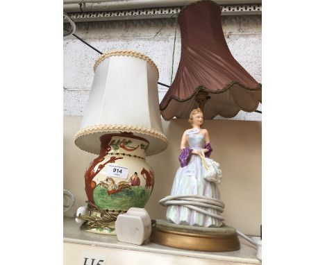 John peel pottery lamp and a lady figure lamp - both need re-wiring 