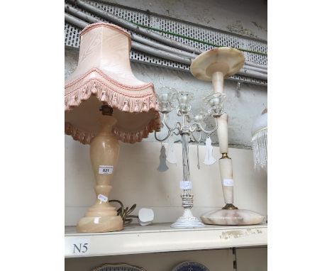 Onyx style lamp,  alabaster stand and candle stand 