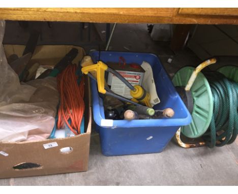 2 boxes of various tools and a hose reel with hose. 