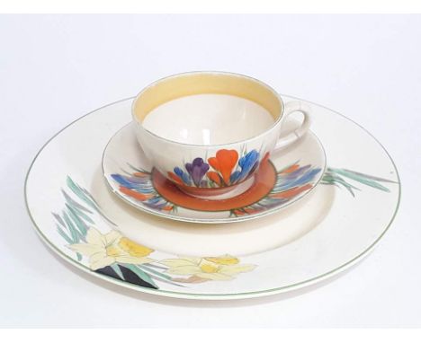 A Clarice Cliff tea cup and saucer - as found, together with a Burleigh Art Deco style plate. 