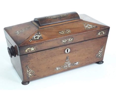 A Regency inlaid rosewood tea caddy, length 34cm. 