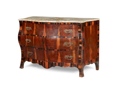 North European Purpleheart and Macassar Ebony serpentine marble topped commode 19th century, the later veined white marble to