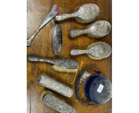 A Selection of silver hallmarked hand brushes, Art Nouveau design handle shoe horn, Silver and tortoise shell with glass base