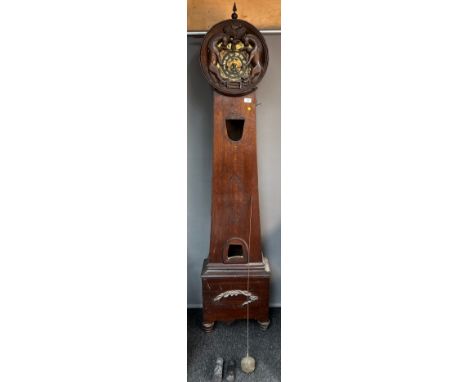 A 19th century longcase grandfather clock with a brass face. Drum top, carved with two unicorns. 