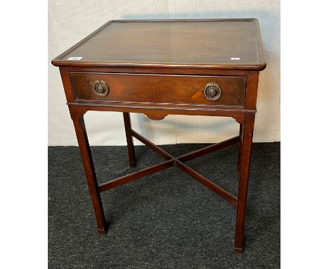 Antique mahogany table, the square surface above a frieze drawer and X stretcher, raised on square legs 