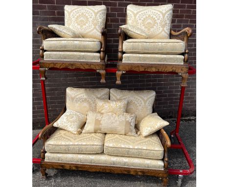 A 19th century Three piece Berger sofa, upholstered in a gold contemporary material. 