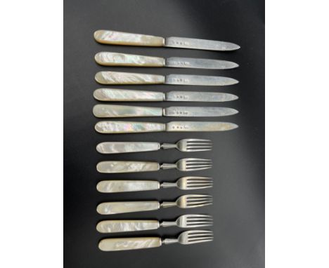 A Collection of Edinburgh Silver, 6 Knives and 6 forks all with mother of pearl handles. Produced by Hamilton &amp; Inches. 