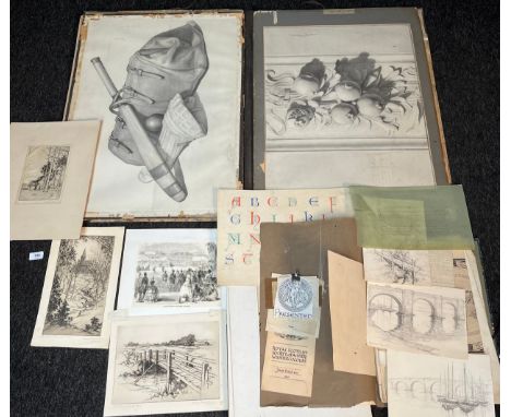 Artists portfolio containing various original etchings and artworks includes Andrew Samuel original etchings, R. Douglas Bart