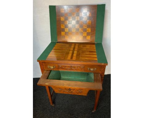 Antique games table, the rectangular top opening to game boards, above a single drawer and pull-out underneath storage sectio