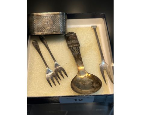 A Danish Silver caddy spoon produced by Johannes Siggaard, Together with 3 various silver pickle forks and silver napkin ring