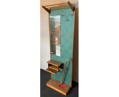Mid century hall stand, the back panel with rack, hooks, mirror, storage compartment and stick stand [183x62x27cm] 