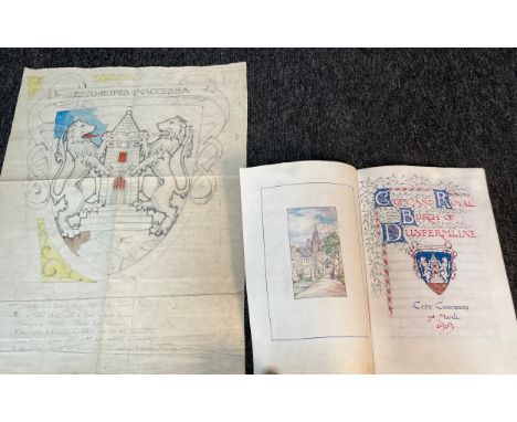 Drawing of Dunfermline coat of arms together with a booklet titled 'City and Royal Burgh of Dunfermline' Showing watercolour 