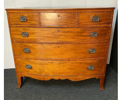 19th century chest, the bow front with three short drawers over three graduating long drawers, raised on out swept legs [100x