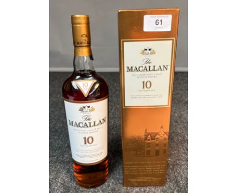 A Bottling of The Macallan Highland single malt Scotch Whisky, 10 years old. Exclusively matures in selected sherry oak casks