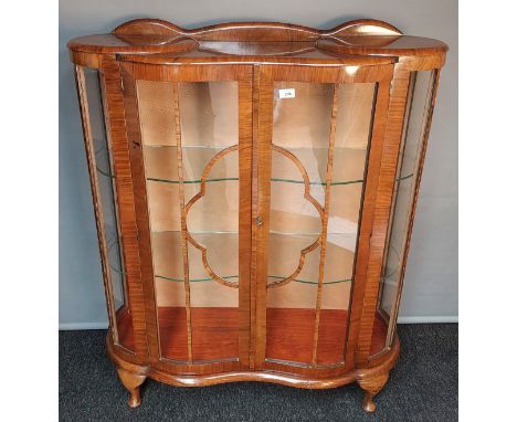 Art Deco walnut bow front china cabinet, raised on cabriole legs [122x102x35cm] 