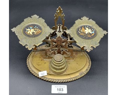 Antique Valentine, Dundee brass Scales, fitted with Pietra Dura marble inlays. Comes with graduating weights. 