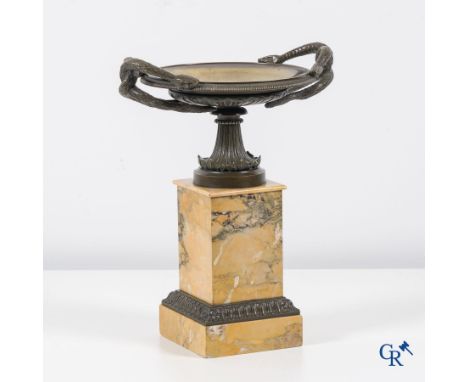 A finely crafted bronze tazza with interwoven snakes on a Giallo Siena marble pedestal. Empire style. Period 1860. | 37 x 29 