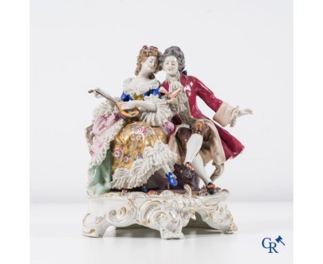 Volkstedt Rudolstadt: European porcelain, finely decorated group in lace porcelain. Music-making couple on a bench. Marked. |