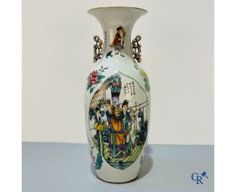 Asian Art, Chinese porcelain, a Chinese double decor vase with court scenes and calligraphy. Republic period. | Height: 58 cm
