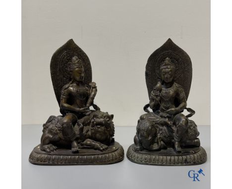 Asian Art, a pair of  bronze representations of a godness on a lion and an elephant. 20th century. | 32 x 24 x 14 cm.31.5 x 2