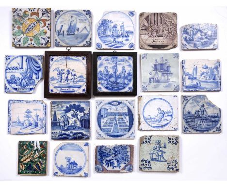 A group of nineteen 17th/19th century Delft and other tiles and tile fragments, mainly blue and white (19)