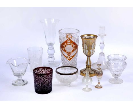 A collection of eleven pieces of old glass including a Bohemian coloured glass goblet, 20cm high, a ruby glass beaker, 10cm, 