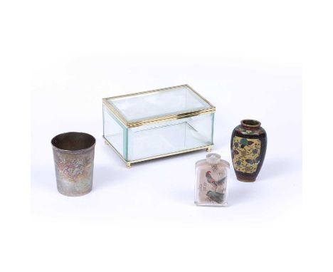 A continental silver beaker with engraved cartouche, 7.5cm high; a cloisonné scent bottle with polychrome butterfly decoratio