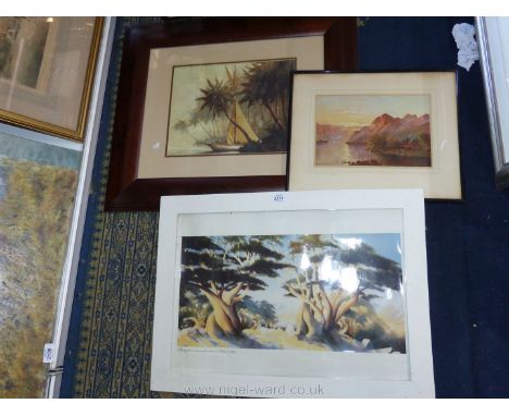 A framed print titled 'The Majestic Survivors, the Cedars of Lebanon 1994', a framed and mounted print titled 'Sailboat' and 