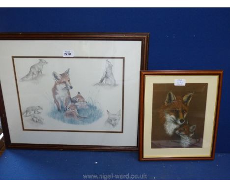 A framed and mounted print depicting a study of foxes, along with a Sue Willis print depicting a fox and cub.