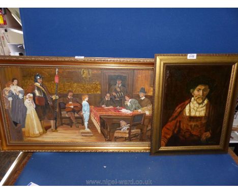 An oil painting after William Frederick Yearnes 'When Did You Last see Your Father' signed M. Wright and an oil on board port