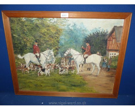 A wooden framed Oil on board of a hunting scene, signed Furnes lower left, 26" x 20".