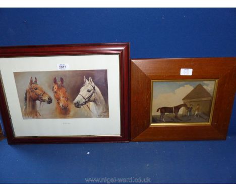 A small framed print by S. L. Crawford titled 'The Three Kings', along with a wooden framed print of a groom holding a raceho