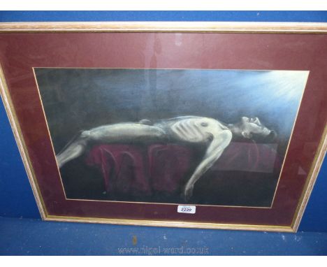 A framed Charcoal picture of a reclining male Nude 'The Light', with label verso stating artist John Wright, 18'' x 11 1/2''.