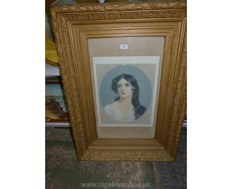 A mid-Victorian Mezzotint by Minnie Cormac, portrait of a young lady in an ornate heavy gilt picture frame (examples of artis