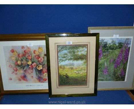 A framed and mounted Print titled 'foxgloves' by Meg Stevens, 16" x 20 1/2", framed print of a young lad in a field with shee