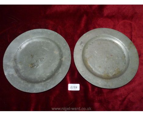 A Pewter plate with R. Fox indent and G.B., 9'' diameter plus one other.