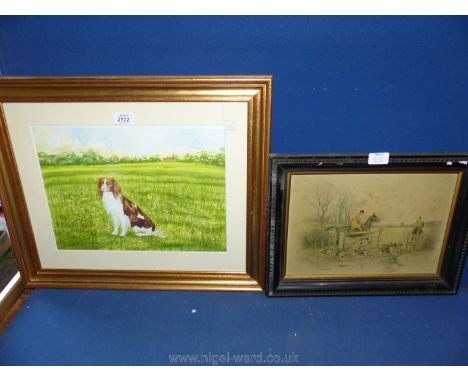 A John Sanderson Wells print of a Hunting Scene and a framed and mounted watercolour of a Spaniel, signed J. Jones