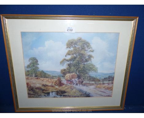 A framed and mounted Ltd. Ed. 366/850 Print by John Tricket depicting farmhands and heavy horses collecting the harvest.