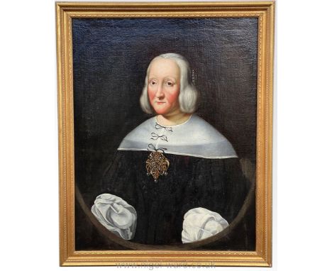 A large framed Oil on canvas Portrait of a rosy-complectioned white haired lady in dark clothing with a white collar and ruch