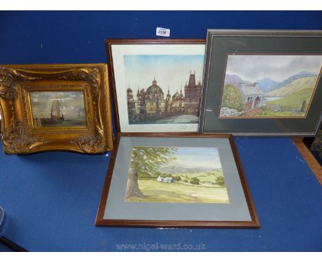 A Print on board of fishing boats, watercolour by Annette Lees above Llanberis Pass, plus another by the same artist, etc.